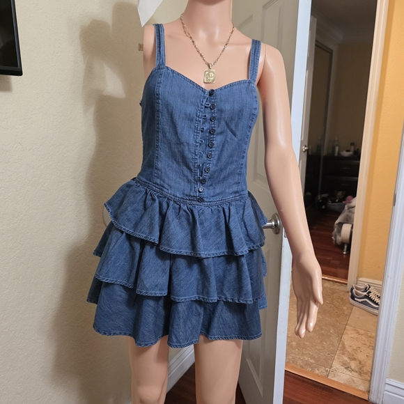 Denim Button-Front Ruffle Mini Dress - Blue - Picture 5 of 7